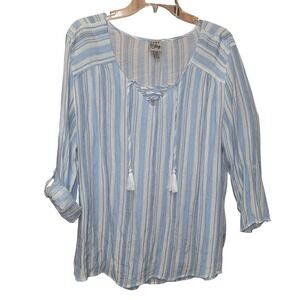 Como Vintage Top Womens Sz XXL Blue Striped Boho Cottagecore Tunic Beach Coastal